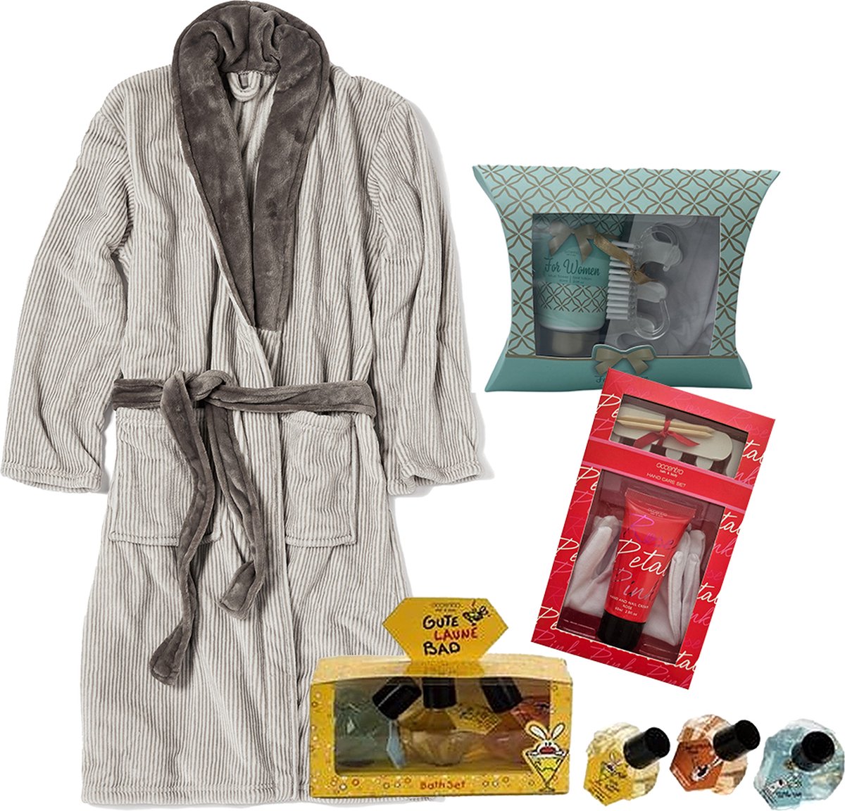 Badjas - VINGA of Sweden - Sens - Flanel - Fleece - krijtstreep grijs/wit - mt L/XL - met luxe cadeausets