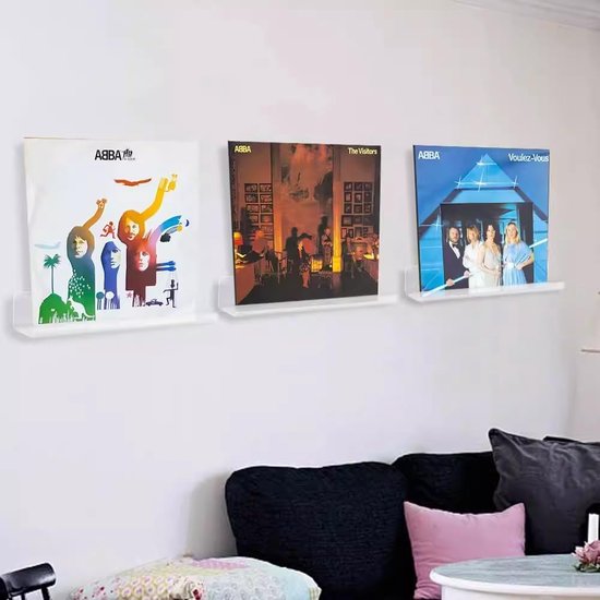 Drie acryl planken die drie verschillende ABBA albumhoezen tonen: 'ABBA The Album', 'The Visitors', en 'Voulez-Vous'.