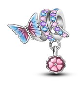 Vlinder en bloem bedel voor bedelarmband - Zilver - RomyStones - Kerst Cadeau