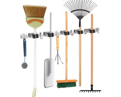 Recalma Bezemhouder - Bezem Ophangsysteem - 6 Haken 5 Klemmen - Bezemhouder ophangsysteem - Tuingereedschap Ophangsysteem - Gereedschapshouder - Zwart - 60 CM - RVS