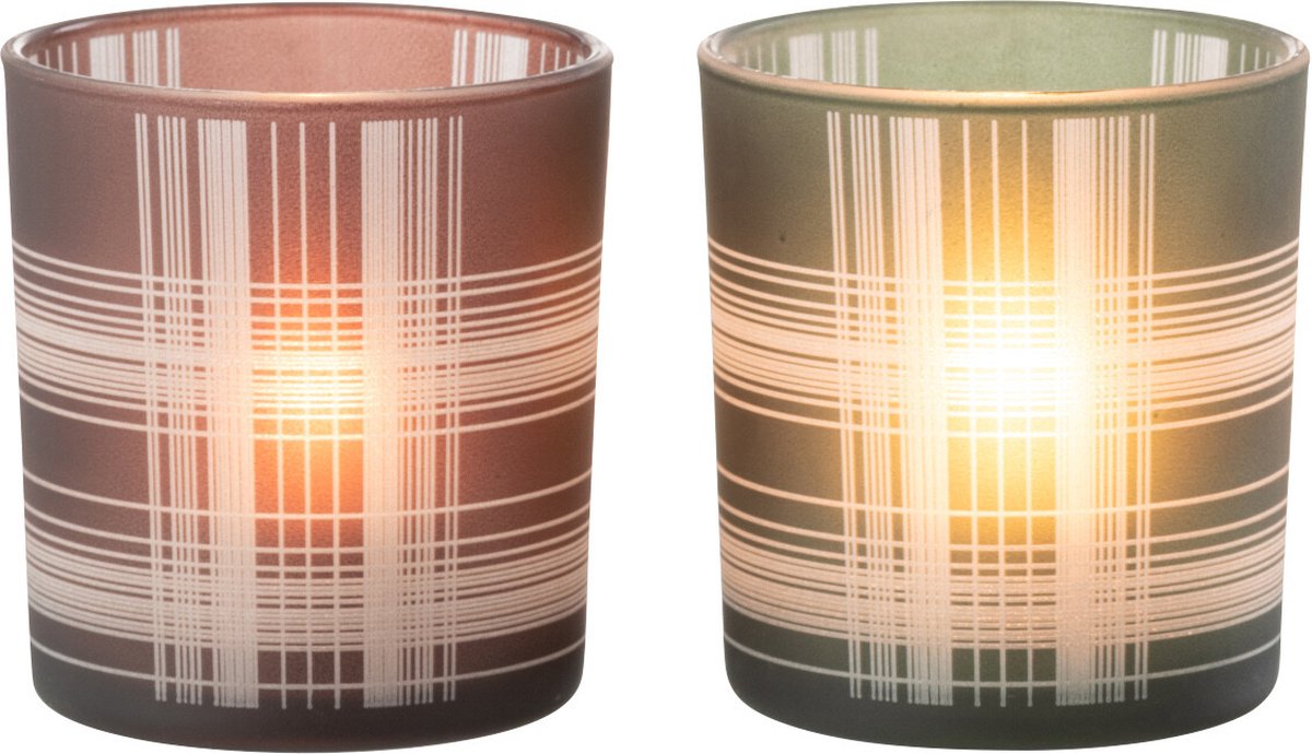 J-Line windlicht Geruit - glas - bruin/groen - small - 2 stuks Bruin - Groen