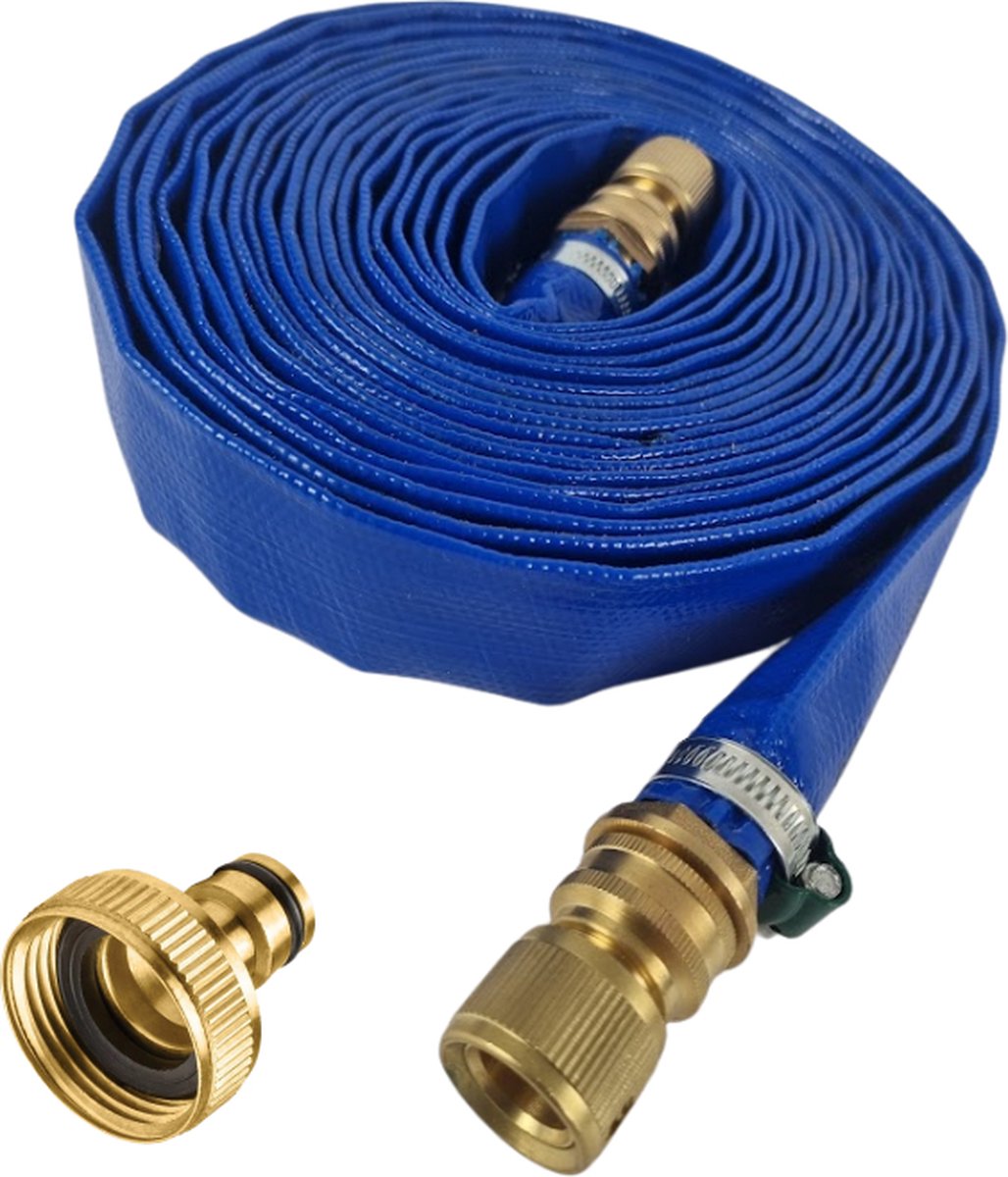 Deltaline Platte slang 25 mm voor dompelpompen 10 meter Lang met 2 messing Gardena koppelingen met 1 aansluiting voor op de dompelpomp 1" binnendraad