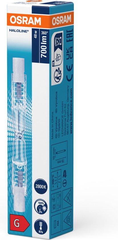Osram Halolux 48W lamp met witte fittingen. Verpakking toont OSRAM, 48W, 700 lm, 2800K, energieklasse G.