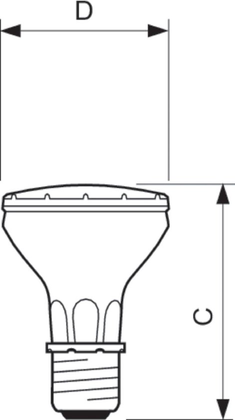 Technische tekening van een PAR20 lamp met afmetingen C en D.