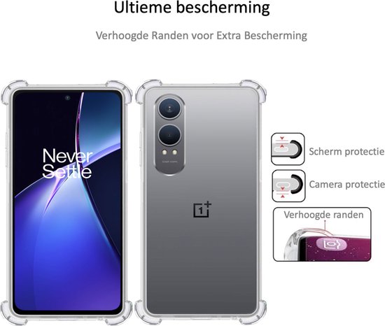 Transparante telefoonhoes met versterkte hoeken en schermranden, toont telefoon met 'Never Settle' opdruk.