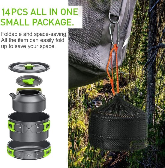 Campingpannenset 14 stuks aluminium draagbaar kookgerei - kamperen picknick BBQ - 2-3 personen reis waterkoker van Bo-Camp — afbeelding 3