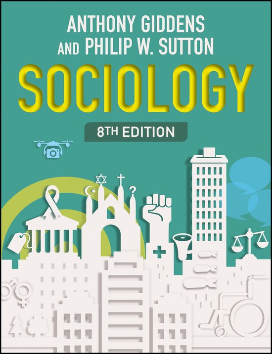 Boekomslag 'Sociology 8th Edition' met een plattegrond van een stad, symbolen en de tekst 'Anthony Giddens and Philip W. Sutton'.