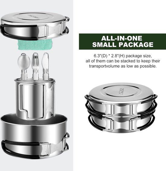 Camping Pan Pot Set met Cup en Servies - Draagbare RVS Cook Gear - Opvouwbare Outdoor Reizen Kookgerei Kit voor Trekking Wandelen Picknick - Bestek Inbegrepen reis waterkoker — afbeelding 4