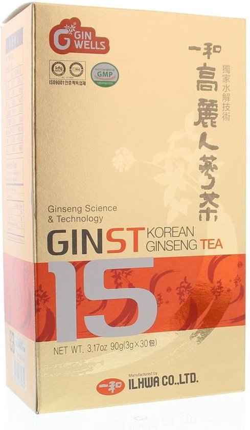 Gouden doosje GINST KOREAN GINSENG TEA met 'GIN WELLS' logo. Getallen '15' en tekst in het Chinees. Linksonder 'ILHWA CO., LTD.'.
