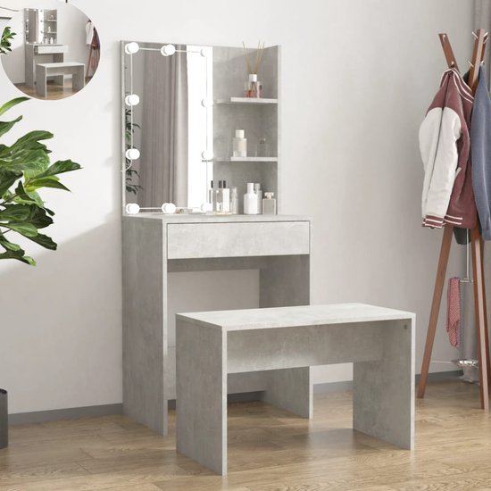 LBB Coiffeuse avec miroir et éclairage - Table de maquillage - Maquillage - Coiffeuse - Avec tiroirs - Banc - 60 x 40 x 140 cm - Gris béton