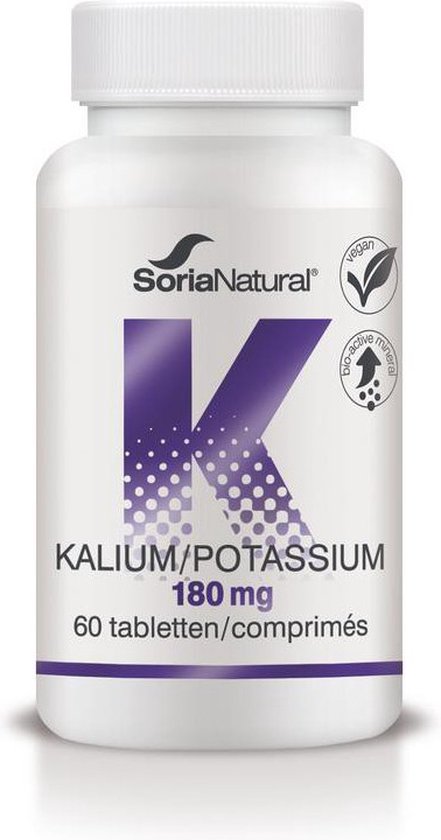 Witte pot met een grote paarse K en de tekst SoriaNatural, Kalium/Potassium 180 mg, 60 tabletten.
