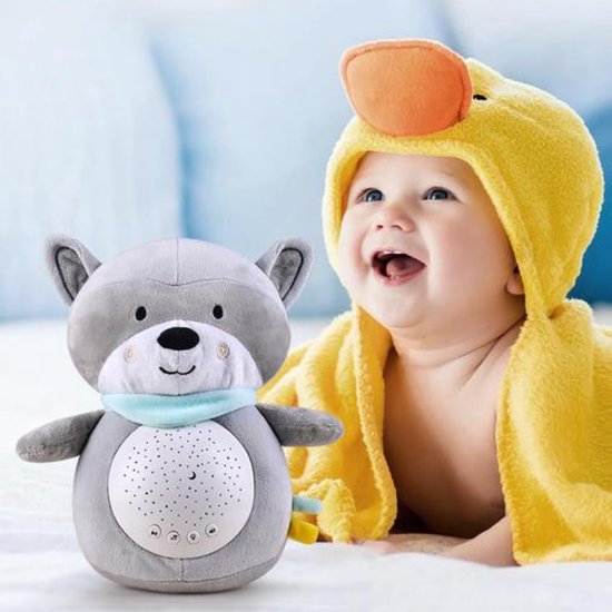 Foto: Joymaxx sterrenprojector met muziek white noise machine knuffel sterrenhemel baby projector nachtlamp wasbeer momo