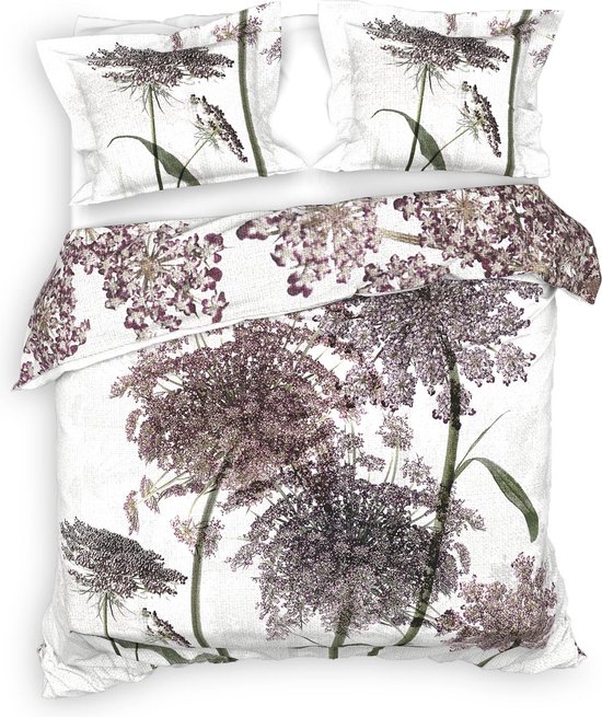 Heckettlane Dekbedovertrek Adel - Bedlinnen met Bloemen print - 200x220 - Off-White - Dekbedhoes van 100% Katoen-Satijn