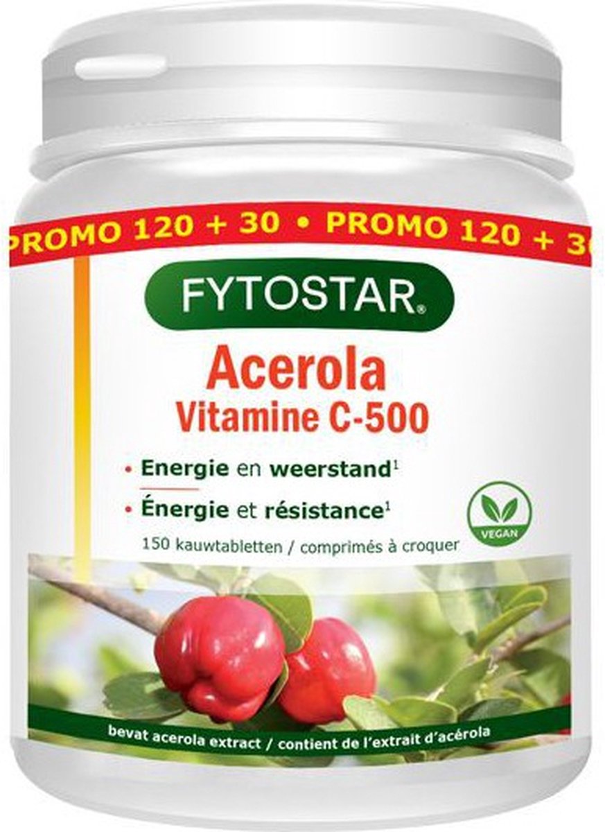 Goedkoopste Fytostar Acerola C 500 - Vitaminen - Voor weerstand - Vitamine C - 150 kauwtabletten
