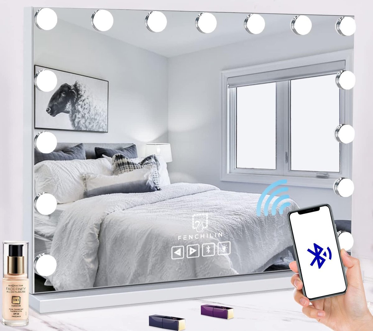 Make-up Spiegel - Spiegel Hollywood-spiegel Makeup-Spiegel met Bluetooth en USB-aansluiting 15 dimmer LED-verlichting Aanraakbediening 3 lichtweerhaken 58x46cm