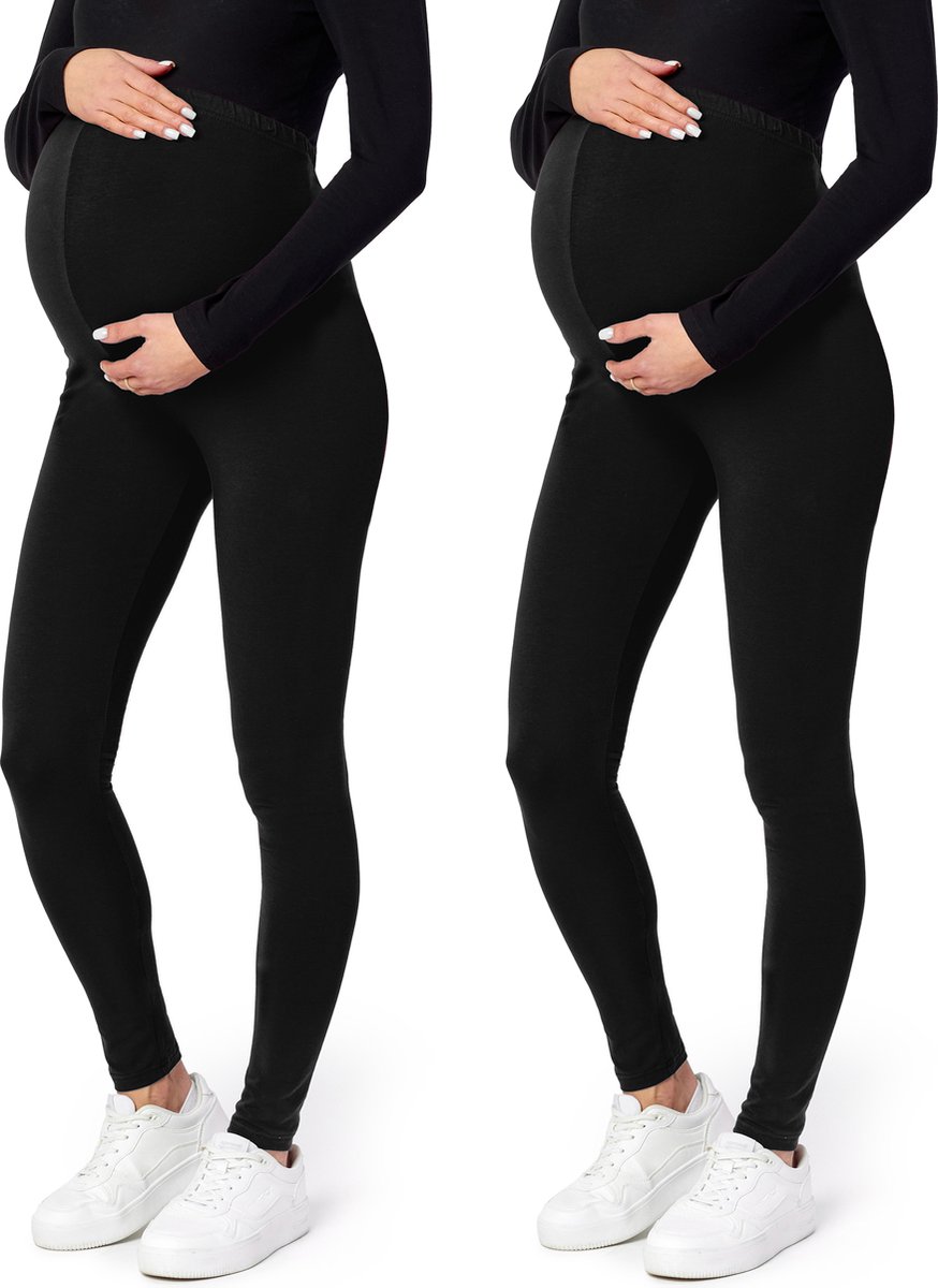 Be Mammy BE-Leggings-02-2P Dames Zwangerschapsleggings - 2-Pack - Lang - Viscose - Elasthan - Zwart/Zwart - M