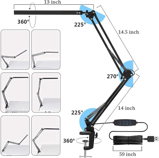 LED Bureaulamp met Klem - Oogbeschermende LED Lamp - Verstelbare Werklamp - 3 Lichtstanden - 10 Helderheidsniveaus - Zwart — afbeelding 5