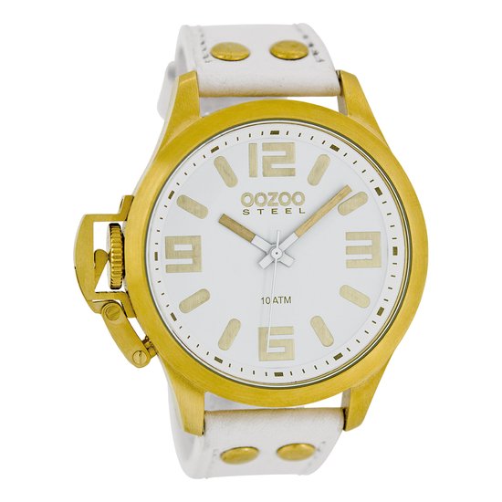 OOZOO Timepieces - Goudkleurige horloge met witte leren band - OS352