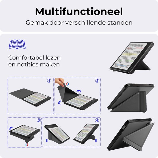 Hoesje Geschikt voor Kobo Libra Colour Hoesje Luxe Bescherm Case Trifold Met Screenprotector - Hoes Geschikt voor Kobo Libra Colour Hoes Book Cover - Grijs van Hoesje  — afbeelding 5