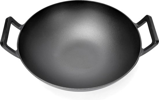 GFTIME Gusseisen Wok 36cm für Gasgrill, Grill, Induktion, Feuer, Gusseisen Wokpfanne für Weber Spirit, Genesis gourment system, für Enders gasgrill, für Weber 57cm Holzkohlegrills,Gusspfanne 1 Stück