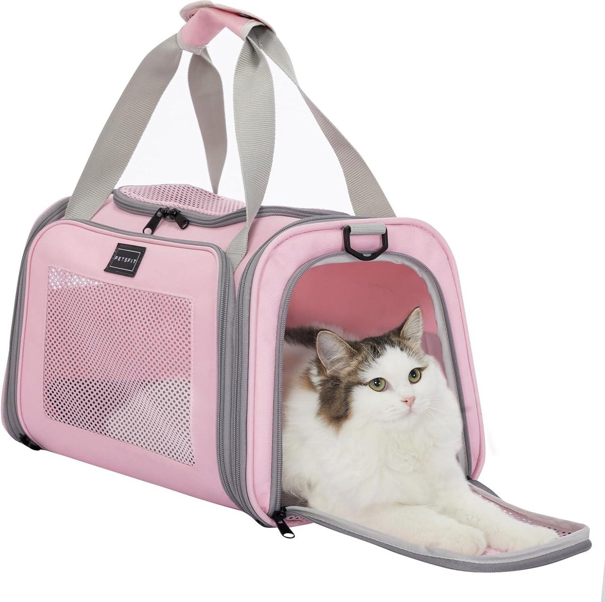 PETSFIT Huisdierdraagtas met uitschuifbare zijkanten van fleece, goedgekeurd door de meeste luchtvaartmaatschappijen, met veiligheidslijn voor huisdieren tot 5,5 kg (44 x 26,5 x 27 cm, grijs