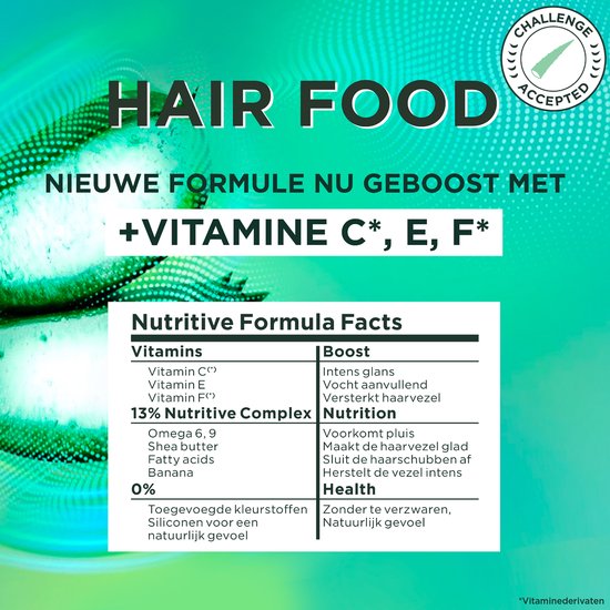 Pot Garnier Fructis Hair Food avec couvercle turquoise. Contient 13% de Complexe Nutritif avec, entre autres, Omega 6,9, beurre de karité, acides gras et banane.