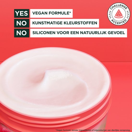 Pot Garnier Fructis Hair Food avec formule végane "YES", sans colorants artificiels "NO" ni silicones "NO".
