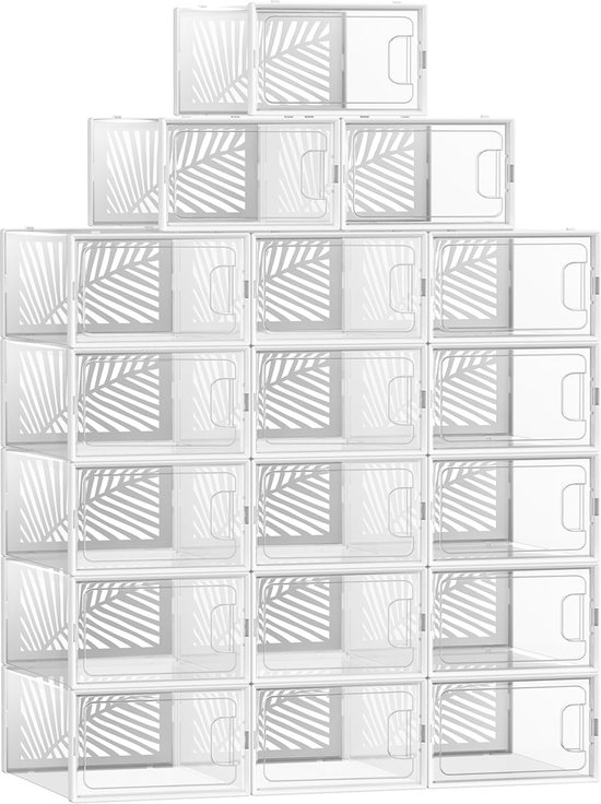Rootz 18 Pack Transparent White Shoe Boxes - Storage Containers - Shoe Organizers - PET Body - ABS Frame - 33.5cm x 23cm x 14cm