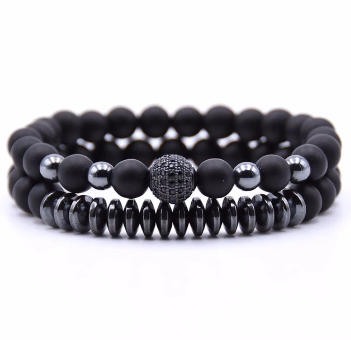Natuursteen heren armband set zwart - heren armband - kralen armband - elastische armband natuursteen