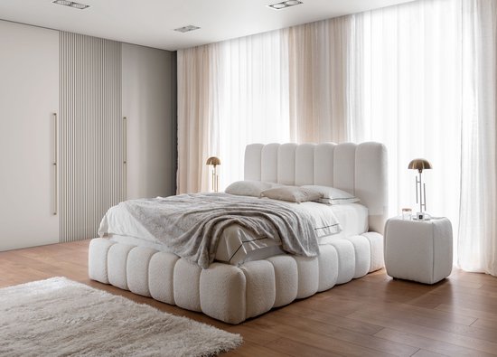 Bed Cande Luxe - Teddy stof bouclé Ivoor - Bed met Opbergruimte 180x200 cm - Boxspring Bedden en Matrassen Seatsandbeds