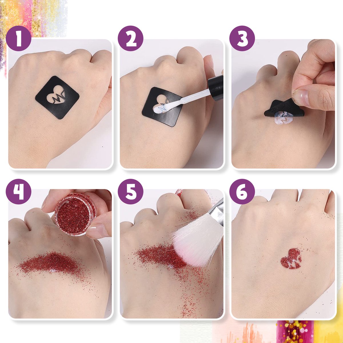 Partizzle Compleet Bio Glitter Tattoo Set - Meisjes / Jongens - Schmink Sjablonen, Lijm en Penselen - Gezicht Nep Neon Tattoos Knutselpakket - Festival - Kerst Cadeau / Knutselen voor Kinderen - 24 Kleuren / Biodegradable — afbeelding 11