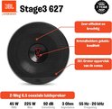 JBL Stage3 627 coaxiale luidspreker met tekstballonnen die wijzen op kenmerken zoals 'Zeer efficiënt en krachtig'.