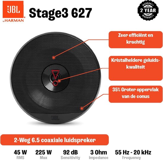 JBL Stage3 627 coaxiale luidspreker met tekstballonnen die wijzen op kenmerken zoals 'Zeer efficiënt en krachtig'.