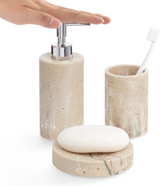 Navaris 3-delige badkamerset in Beige - Set van zeepdispenser, tandenborstelbeker en zeepbakje - Badkameraccessoires - Natuurlijke steen kleur
