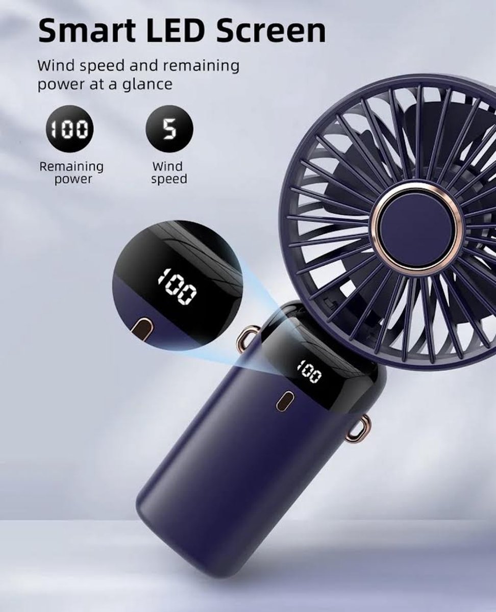Flavers - Handventilator - Paars - Mini Ventilator - Hand Ventilator - Mini ventilator Oplaadbaar - Mini Ventilator Usb - USB ventilator - Draagbare ventilator - 3600 mAh - Digitaal beeld - 5 Standen – nekkoord — afbeelding 8