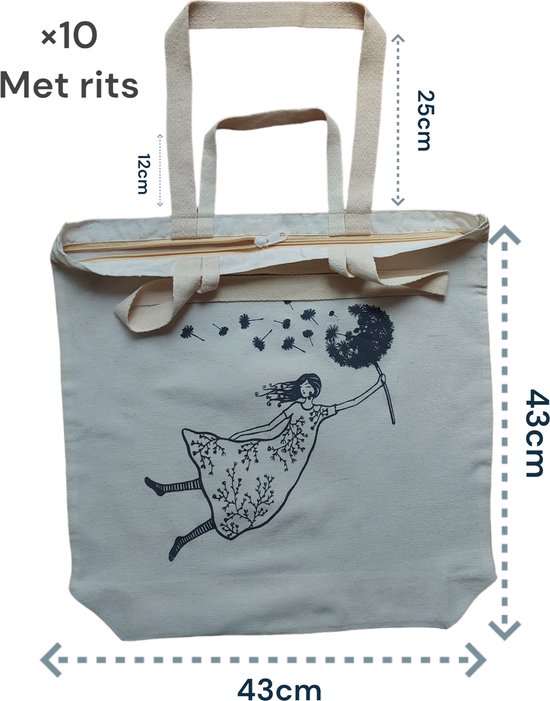 Katoenen Tas - Tote Bag - Naturel - 270gr katoenen - 43x43x10cm - Met rits - 10 Stuks - Canvas Tas - Boodschappentas - Draagtas - Schoudertas & handtas - Duurzaam - Handig - Strandtas - Met de afbeelding van een meisje in de wind.