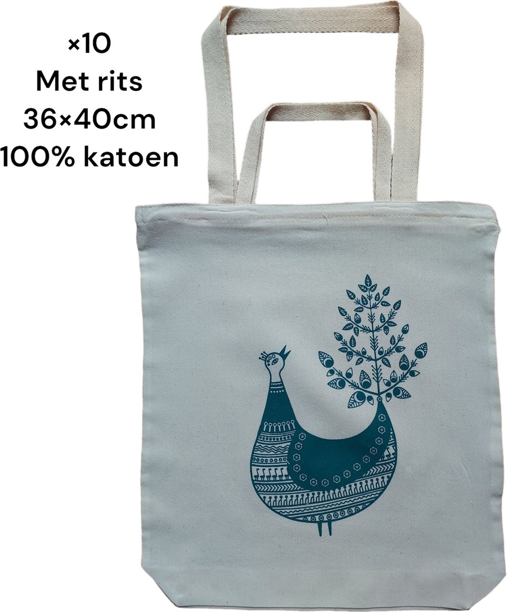 Katoenen Tas - Tote Bag - Naturel - 270gr katoenen - 36x40x10cm - Met rits - 10 Stuks - Canvas Tas - Boodschappentas - Draagtas - Schoudertas & handtas - Duurzaam - Handig - Strandtas - Met de afbeelding van een zingende vogel.
