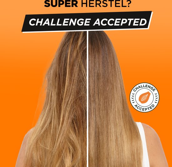 Photo avant/après de cheveux traités avec Garnier Fructis Papaya Hair Food.