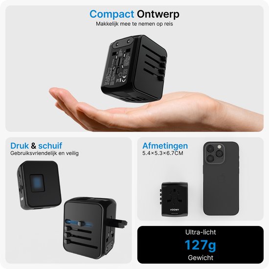 Voomy World Plug Universal - 4 Portes USB - Plus de 150 Landen - Prise de voyage Angleterre et Amérique - Zwart