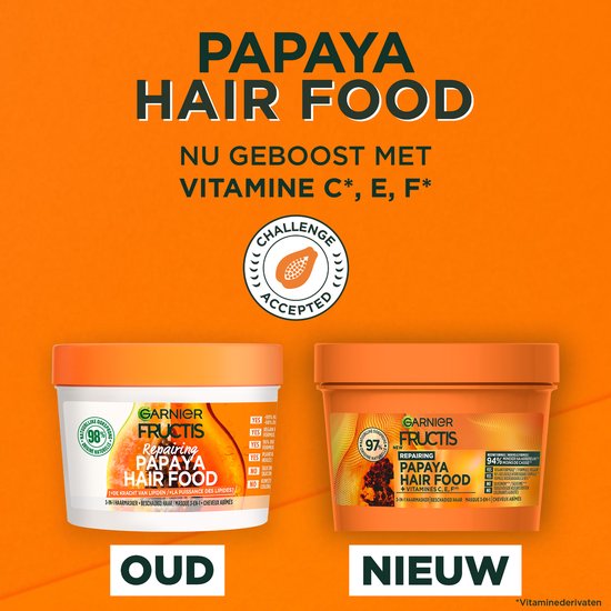 Comparaison de Garnier Fructis Papaya Hair Food : ancien et nouveau packaging, pots orange.