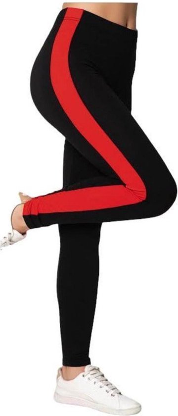 Legging- Sport legging- Katoen fashion legging 222- Zwart met rode streep- Maat XL
