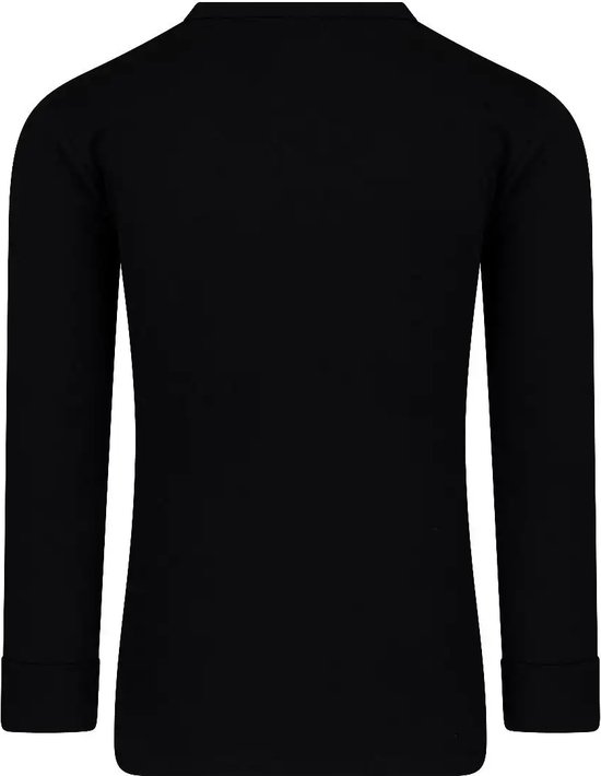 Achterkant van een zwart heren T-shirt met lange mouwen en ronde hals.