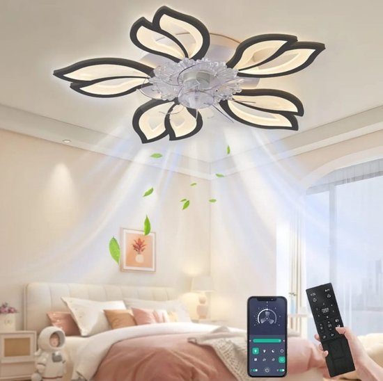 LuxiLamps - 5 Kop Bloem Ventilator - Smart Lamp - Plafondventilator - Zwart - Dimbaar - 6 Standen Ventilator - Keuken Lamp - Woonkamerlamp - Moderne Ventilator Lamp