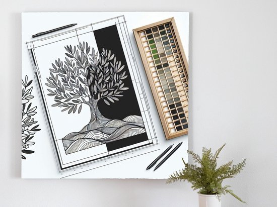 Line art olijfboom schilderij | Olijfboomdelijnen: een artistieke verbeelding van de natuurlijke schoonheid | Kunst - 100x100 centimeter op Canvas | Foto op Canvas