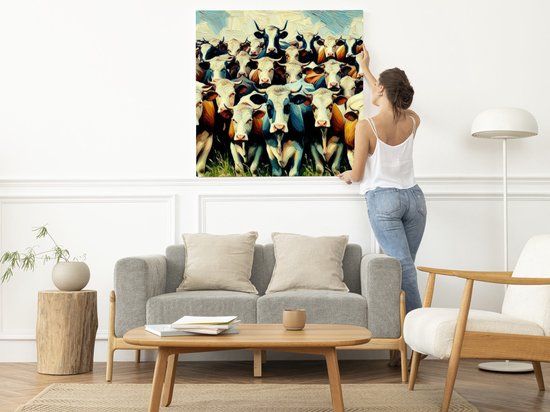 Olieverf koeien schilderij | Majestueuze melkvee schilderij in levendige olieverf landschap weergave | Kunst - 60x60 centimeter op Forex | Foto op Forex