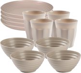 Plasticforte Camping Set de Services de table - plastique - beige - 4x assiettes/4x gobelets/4x bols - incassable