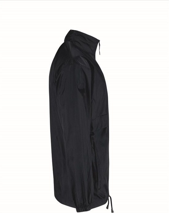 Donkerblauwe heren windjack, zijaanzicht. Deze jas heeft lange mouwen, een opstaande kraag en trekkoorden aan de zoom.