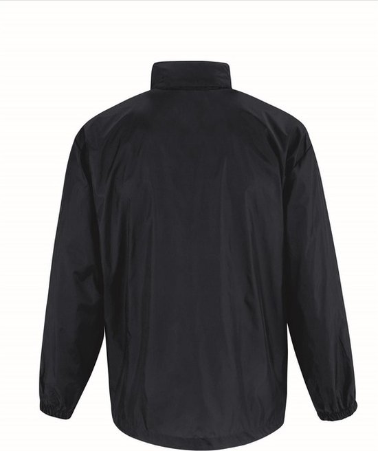Donkerblauwe heren windjack, achterkant. Deze jas heeft lange mouwen en een opstaande kraag.