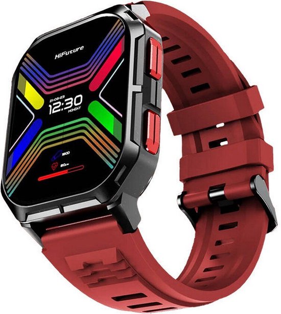 Rode smartwatch met zwarte kast en scherm met tekst "HiFuture" en kleuren.