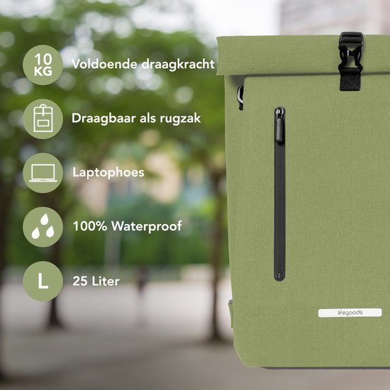 LifeGoods Enkele Fietstas - Compact - Schoudertas en Rugtas - 25L - Ronde Bagagedragers - Waterdicht - Olijfgroen